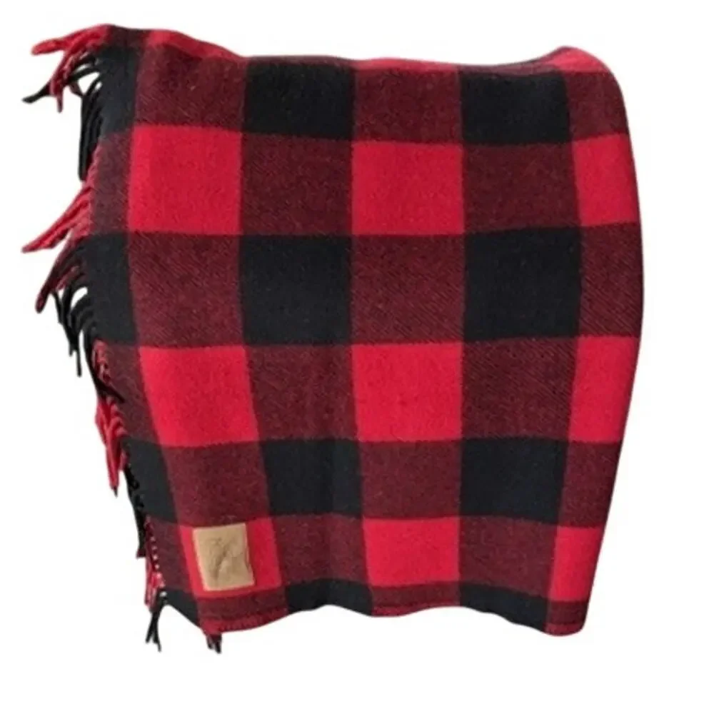 Pendleton Wool Blanket Red Black Buffalo Plaid Fringe Throw Cabin Lodge New